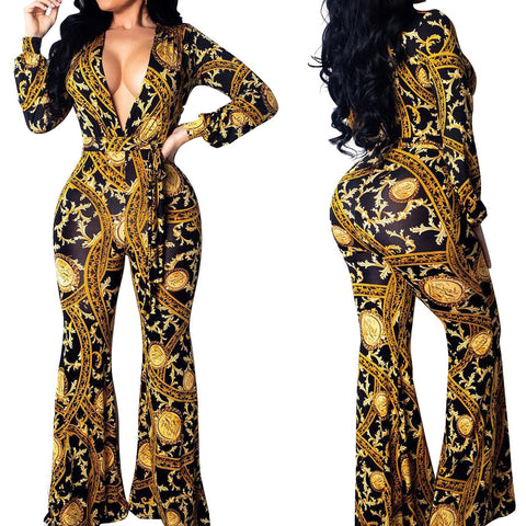 V-Neck Printed Lace-Up Long Sleeve Jumpsuit