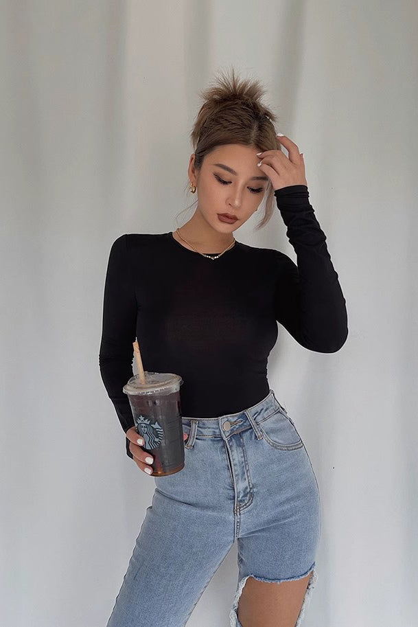 Crew Neck Ribbed Long Sleeve Shirt Tops