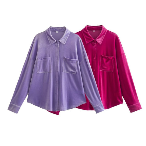 Zamora Pocketed Velvet Button Down Top - Fuchsia