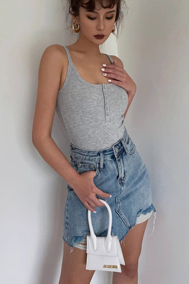 Ribbed Fitted Button Crop Tank Top