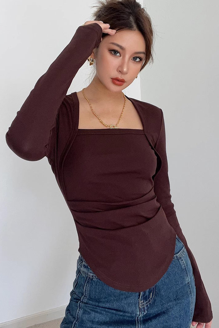 Long Sleeve Scoop Neck Tops Fitted Cut Out T-Shirt