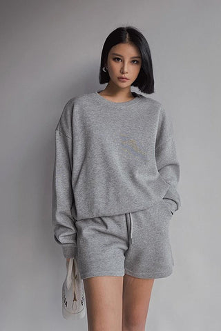 Solid Long Sleeve Sweater Sweatshirt and Drawstring Waist Short Two Piece Set