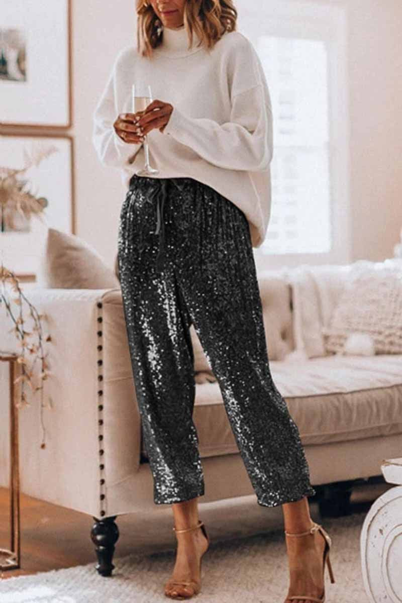 Ziah Pocketed Sequin Joggers - Black