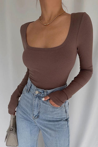 Long Sleeve Scoop Neck Ribbed Tops Fitted Basic Shirts