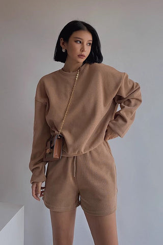 Solid Long Sleeve Sweater Sweatshirt and Drawstring Waist Short Two Piece Set