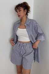 Striped Print Outwear Shirts and Drawstring Waist Shorts Two Piece Set