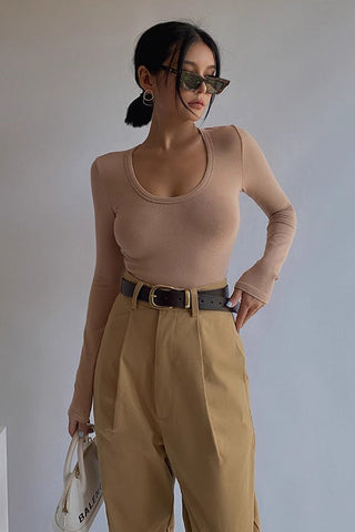 Round Neck Ribbed Fitted Basic Tops