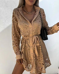 Solid Frenulum Backless V Neck Lace Dress Dresses