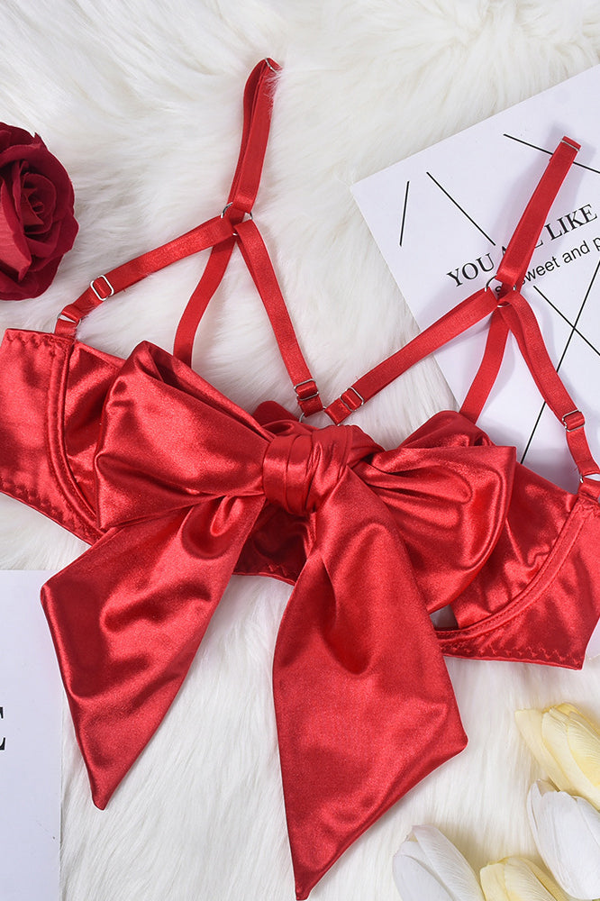 Ribbon Bowknot Open Cups Lingerie Set