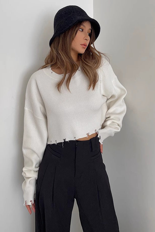 Ripped Rib-knit Raw Trim Sweater Tops