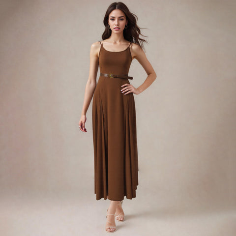 Retro Maillard Belt Halter Dress