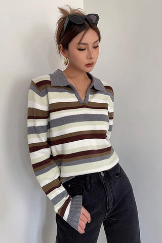 Striped Print Long Sleeve Sweatshirt Tops