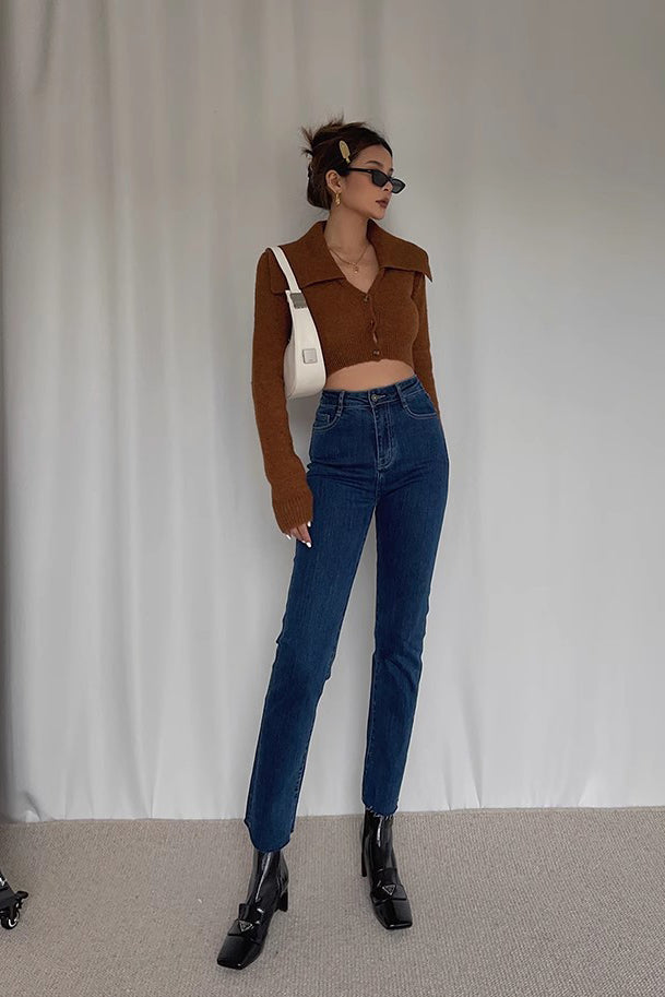 Lapel Neck Buttoned Front Crop Sweater