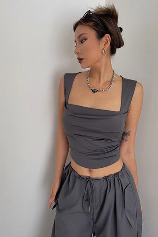 Sexy Pleated Scoop Neck Crop Tank Tops