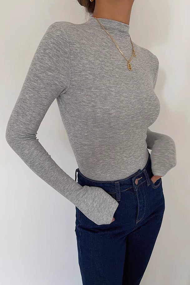 Ribbed Mock Neck Fitted Tops Shirt