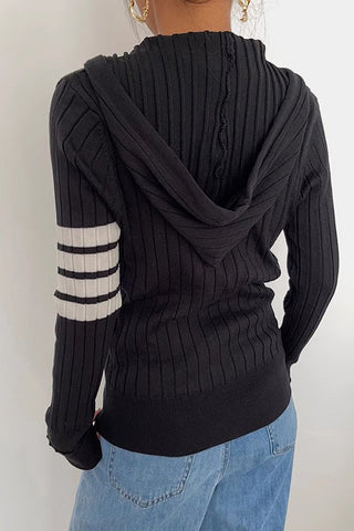 Open Front Sweatshirt Rib-Knit Hooded