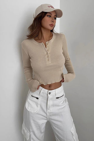 Geripptes Langarm-Crop-Top-Shirt