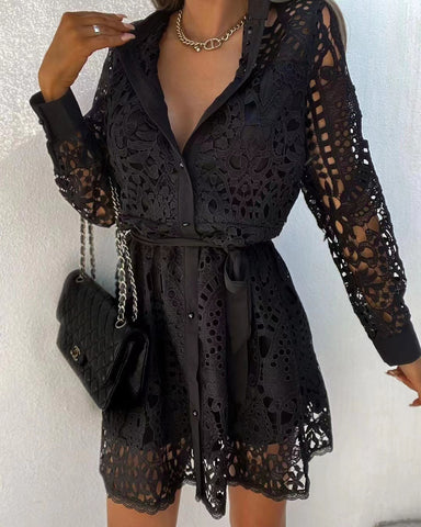 Solid Frenulum Backless V Neck Lace Dress Dresses