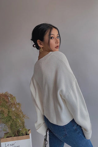 Rib-knit Drop Sleeve Buttoned Front Sweater Cardigan