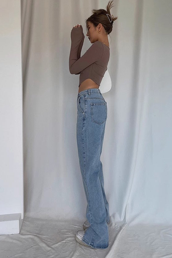 Nature High Waist Buckle Detail Straight Leg Jeans