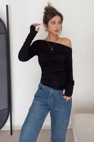 Off Shoulder Pleated Long Sleeve Tops