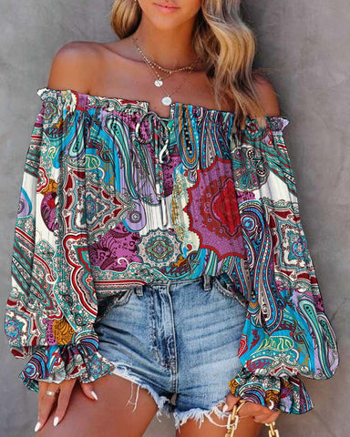 Taj Printed Shimmer Cold Shoulder Blouse