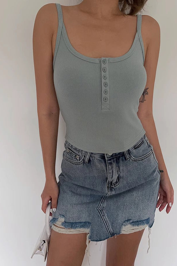 Ribbed Fitted Button Crop Tank Top