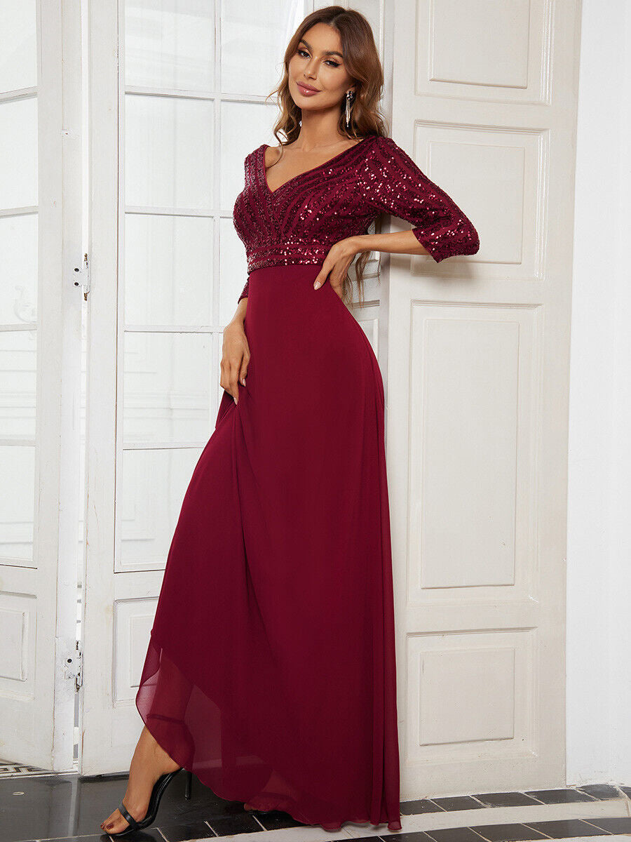 V Neck Long Formal Dress with Sequins - Red