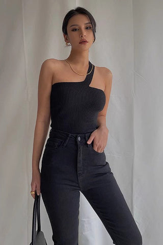 One Shoulder Ribbed Crop Tank Top