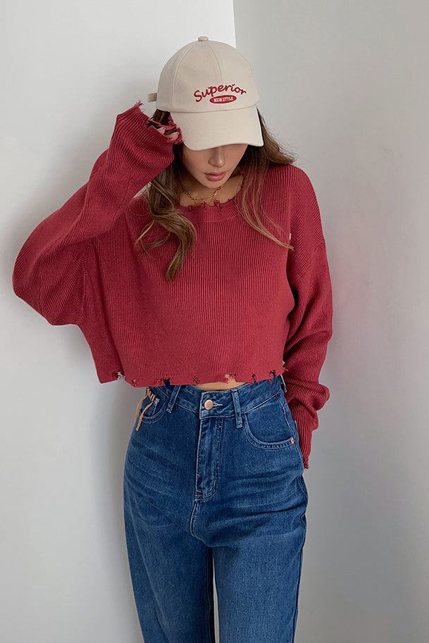 Ripped Rib-knit Raw Trim Sweater Tops