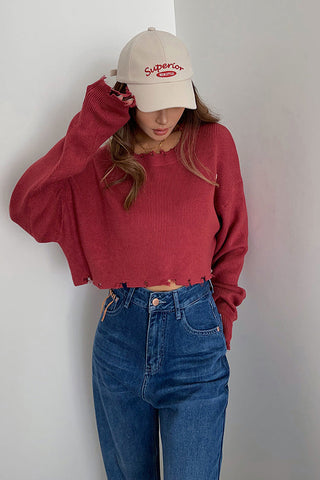 Ripped Rib-knit Raw Trim Sweater Tops