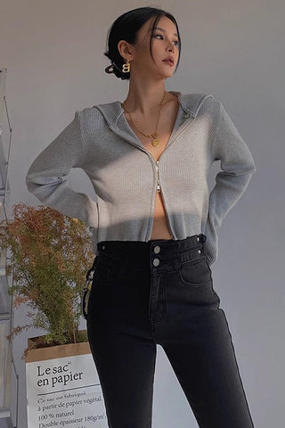 Rib-knit Zip Up Sweater Crop Top Shirt