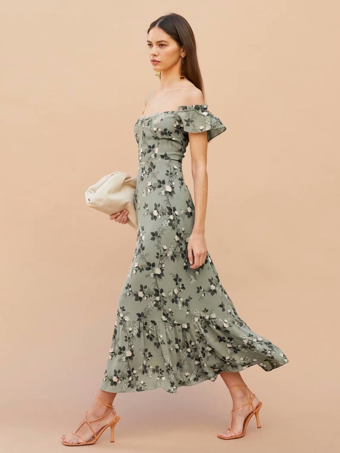 Vintage Ditsy-floral Square Collar Maxi Dress