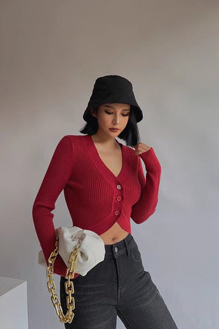 Rib-knit Buttoned Front Crop Sweater