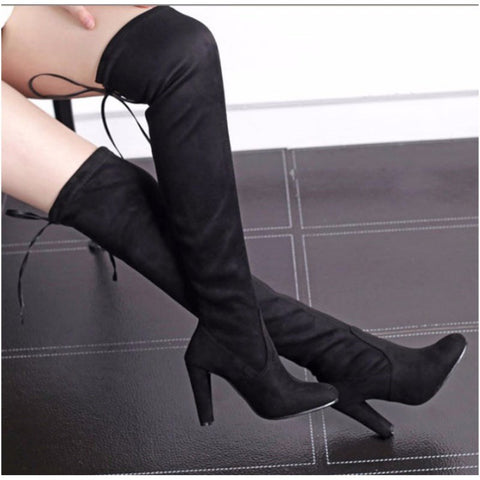 Lace Back Over The Knee Block Heeled Boots