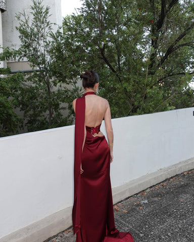 Halter neck satin elegant party dress
