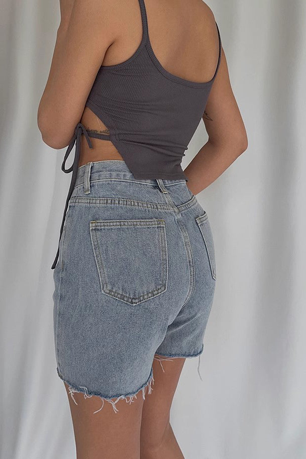 Raw Hem High Waist Denim Shorts with Pocket