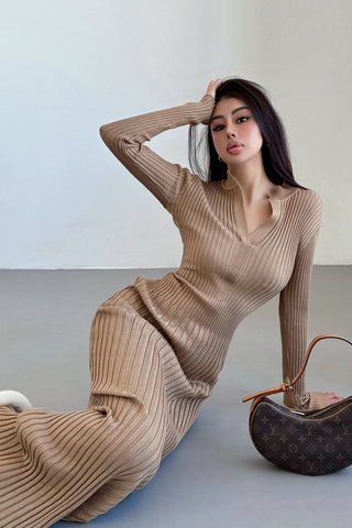 V-Neck Long Sleeve Knit Sweater Dress