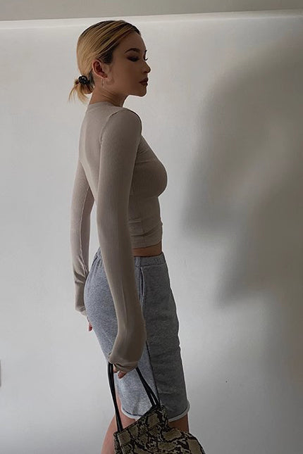 Sexy Crew Neck Ribbed Tops Fitted Basic Shirt