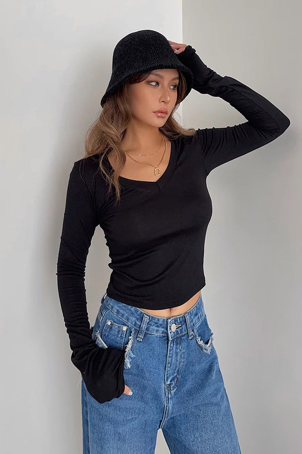 Long Sleeve Wrap V Neck Ribbed Tank Tops Fitted Basic Shirt