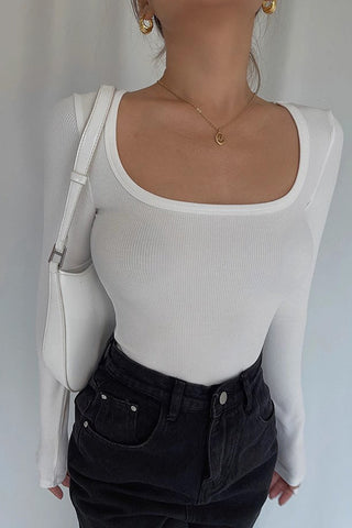 Long Sleeve Scoop Neck Ribbed Tops Fitted Basic Shirts