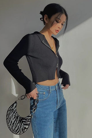 Rib-knit Zip Up Sweater Crop Top Shirt