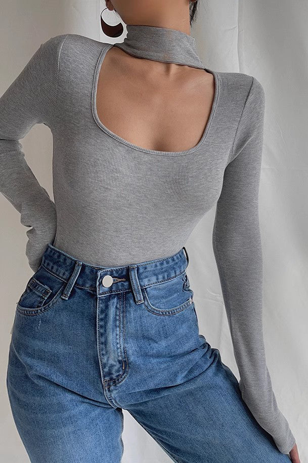 Ribbed Long Sleeve Cut Out Tops Shirt