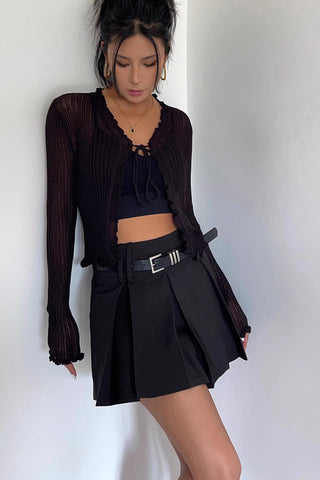 Solid A-Line Flared Hem Belted Skirt