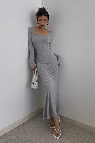 Solid Scoop Neck Flared Hem Bodycon Dress