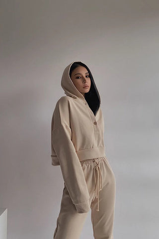 Solid V Neck Hooded & Drawstring Waist Pants Two Piece Set