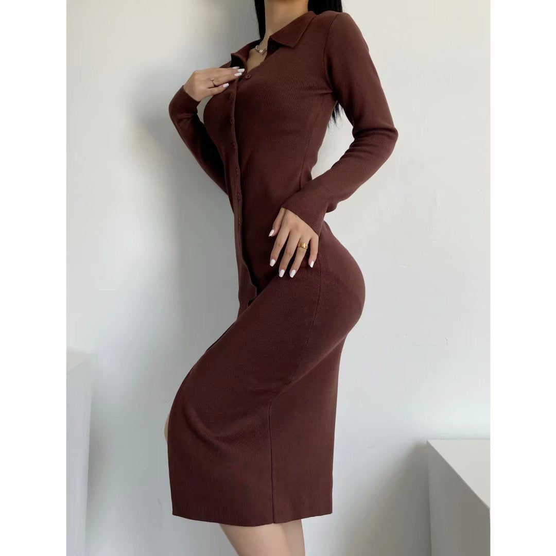 Solid Buckle Backless Turndown Collar Pencil Skirt Dresses (Without Belt)