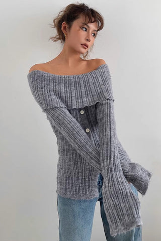 Off Shoulder Ruched Top Buttoned Front Sweater