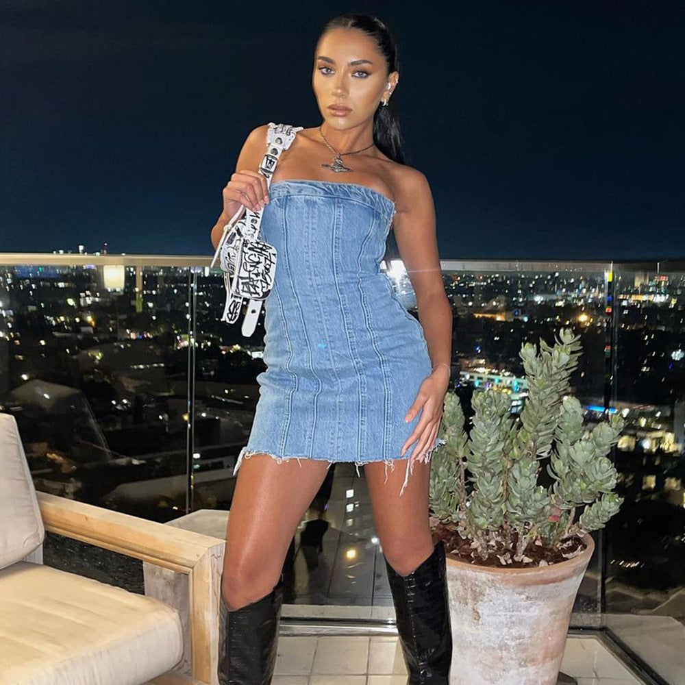 Vintage Distressed Banded Strapless Denim Bodycon Mini Dress - Light B Orro Shop Vintage Distressed Banded Strapless Denim Bodycon Mini Dress - Light B Orro Shop