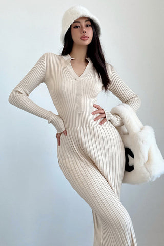 V-Neck Long Sleeve Knit Sweater Dress